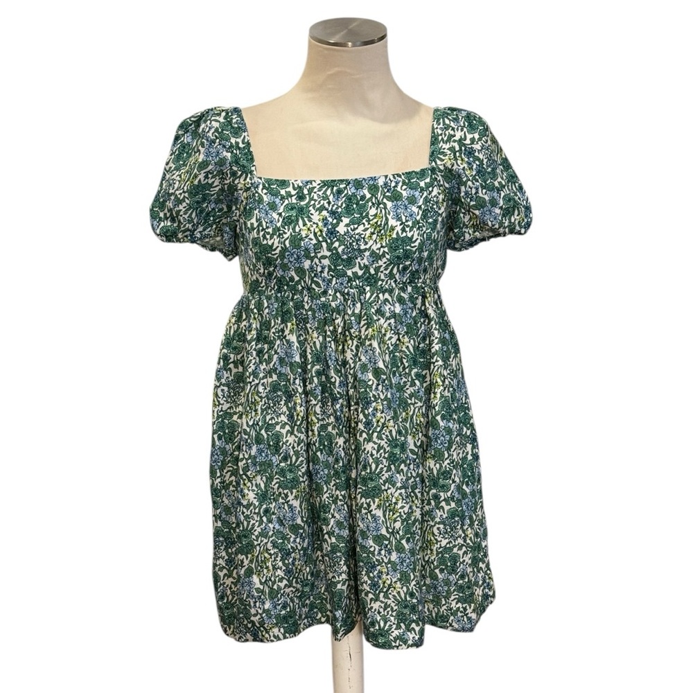 J.Crew Green Floral Puff Sleeve Mini Dress Size 6 Linen Blend Smock Cottagecore